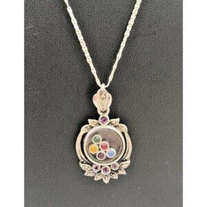 Vintage Sterling Silver Locket Pendant w/ Colorful Stones 20” Chain Necklace